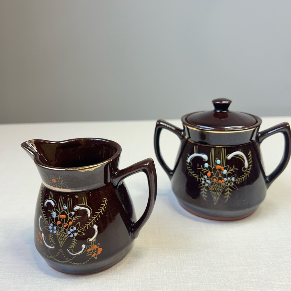 2 piece Japanese Chocolate Brown Moriage Redware: Sugar and Creamer